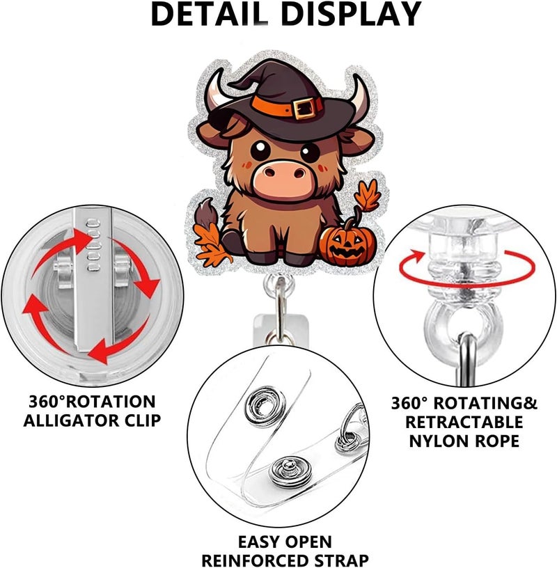 NSSHEL Halloween Cow Badge Reel Retractable Acrylic ID Clip with Swivel Alligator Clip Cartoon Highland Cow ID Tag Card Holder Clip for Nursing Student, Doctor Medical Worker Alligator Badge Accessories - Image 3